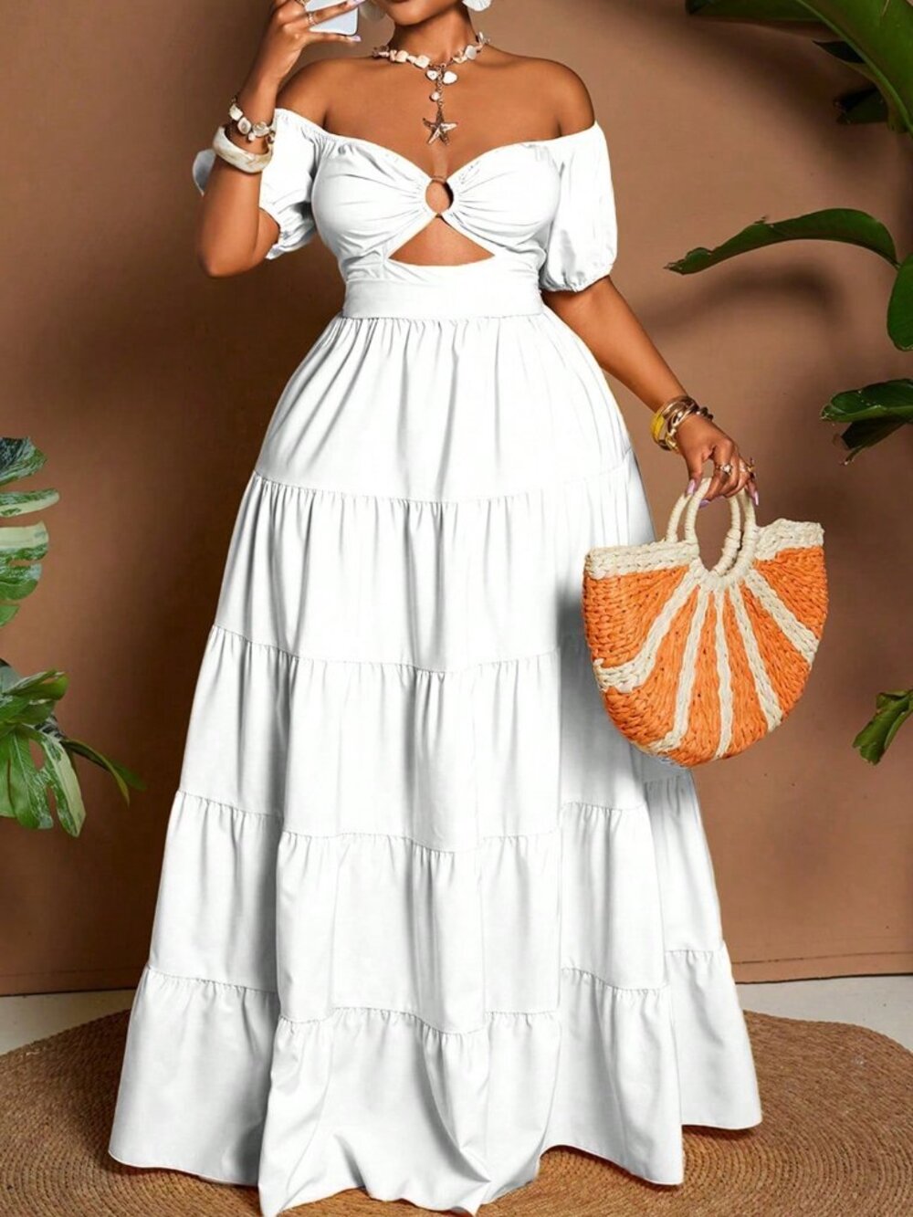 White Boho Women's Plus Size Vacation Off-Shoulder Petal Sleeve maxi Dress - Picture 6 of 8